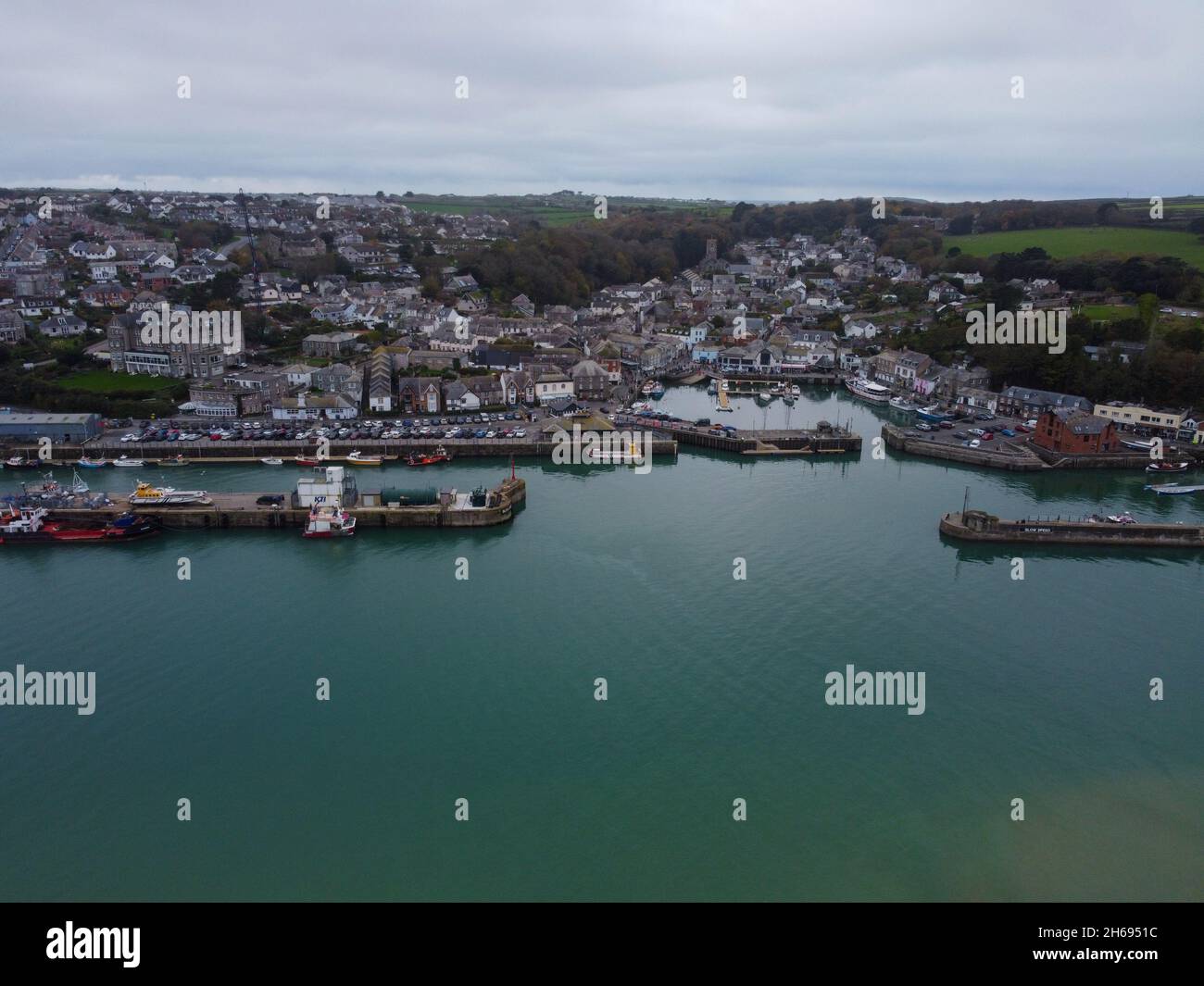 Padstow fishing harbour aerial drone Cornwall England uk Stock Photo