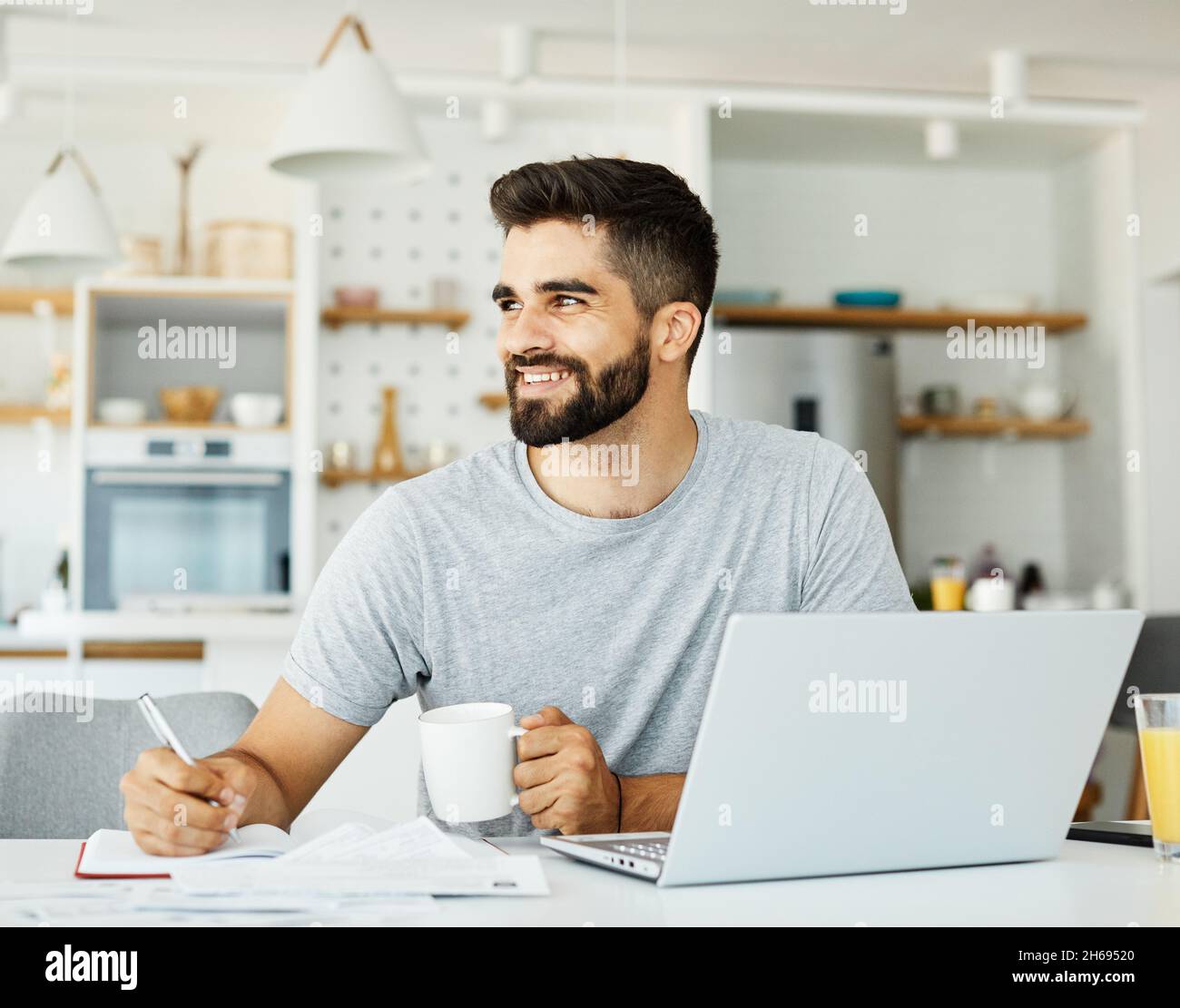 laptop man computer home technology young lifestyle business internet study indoor male reading Stock Photo