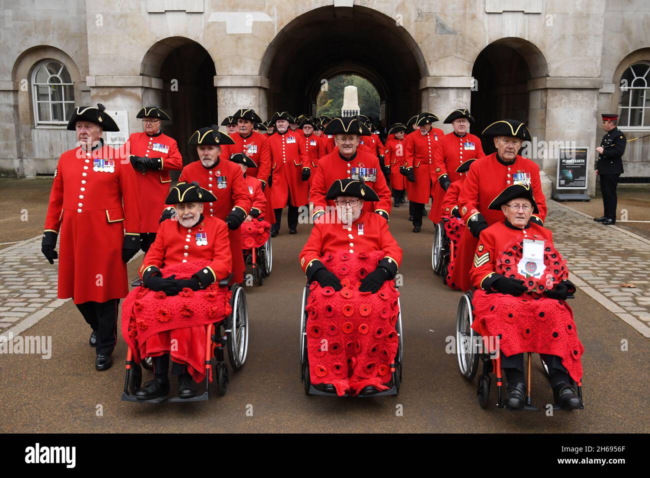 Veterans form up on Horse Guards Parade ahead of the Remembrance Sunday service at the Cenotaph, in Whitehall, London. Picture date: Sunday November 14, 2021. Stock Photo