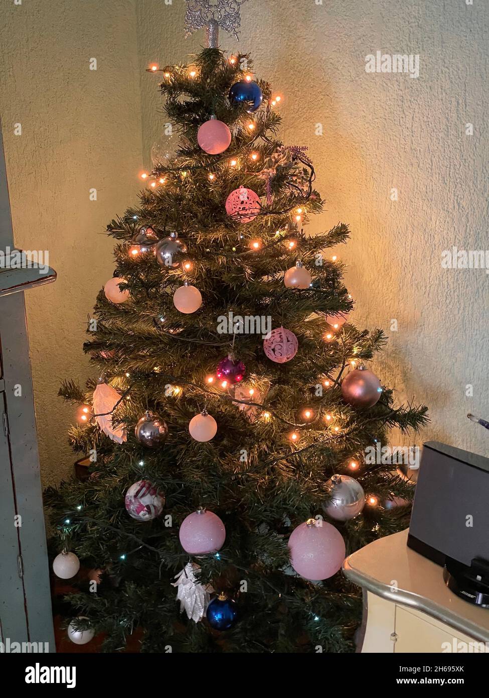 Merry christmas home indoor warm interior with happy new year 2020 decor with Xmas tree Stock Photo