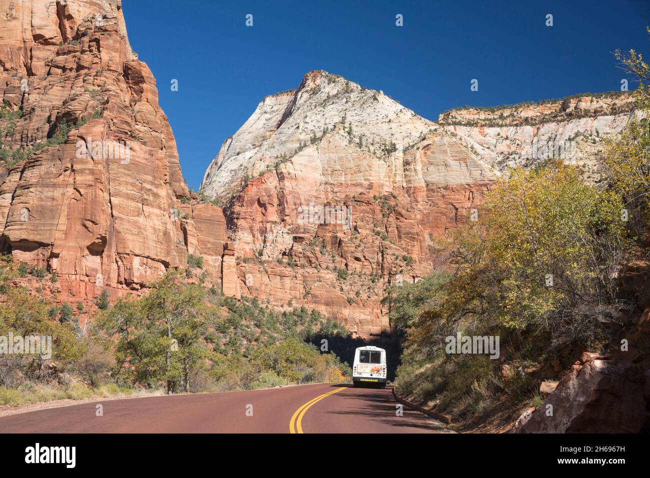 Zion National Park, Utah, USA. View along Zion Canyon Scenic Drive to Mount Baldy and