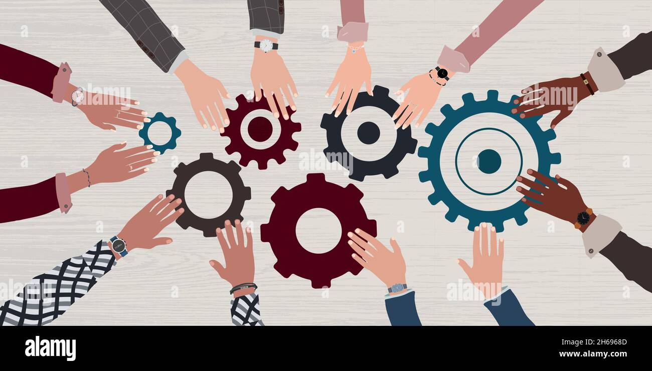 Group arms and hands of multicultural business people connecting and joining pieces of gears on a table. Concept of teamwork brainstorming or meeting Stock Vector