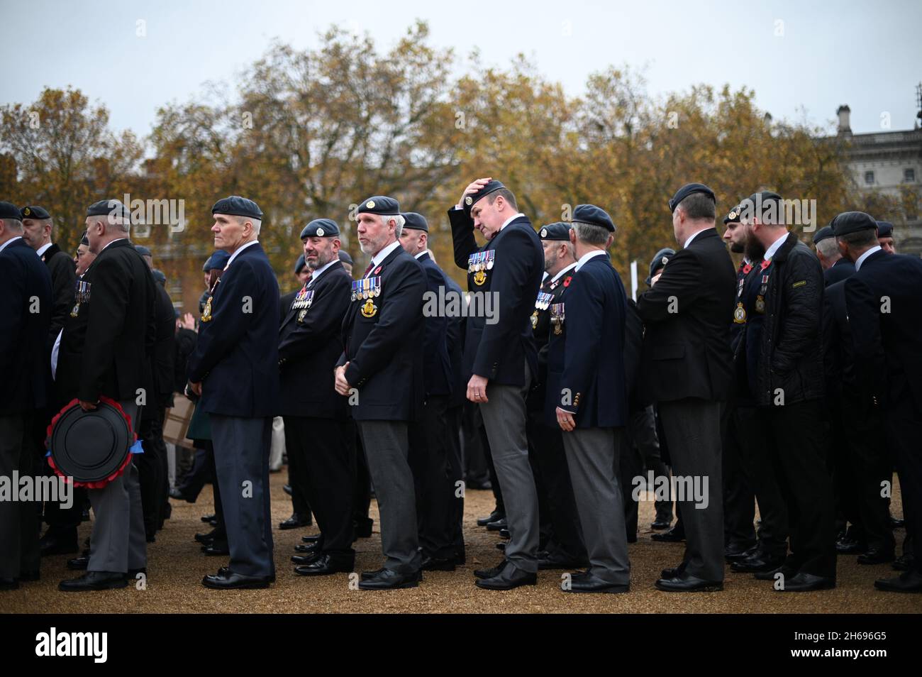 Veterans form up on Horse Guards Parade ahead of the Remembrance Sunday service at the Cenotaph, in Whitehall, London. Picture date: Sunday November 14, 2021. Stock Photo