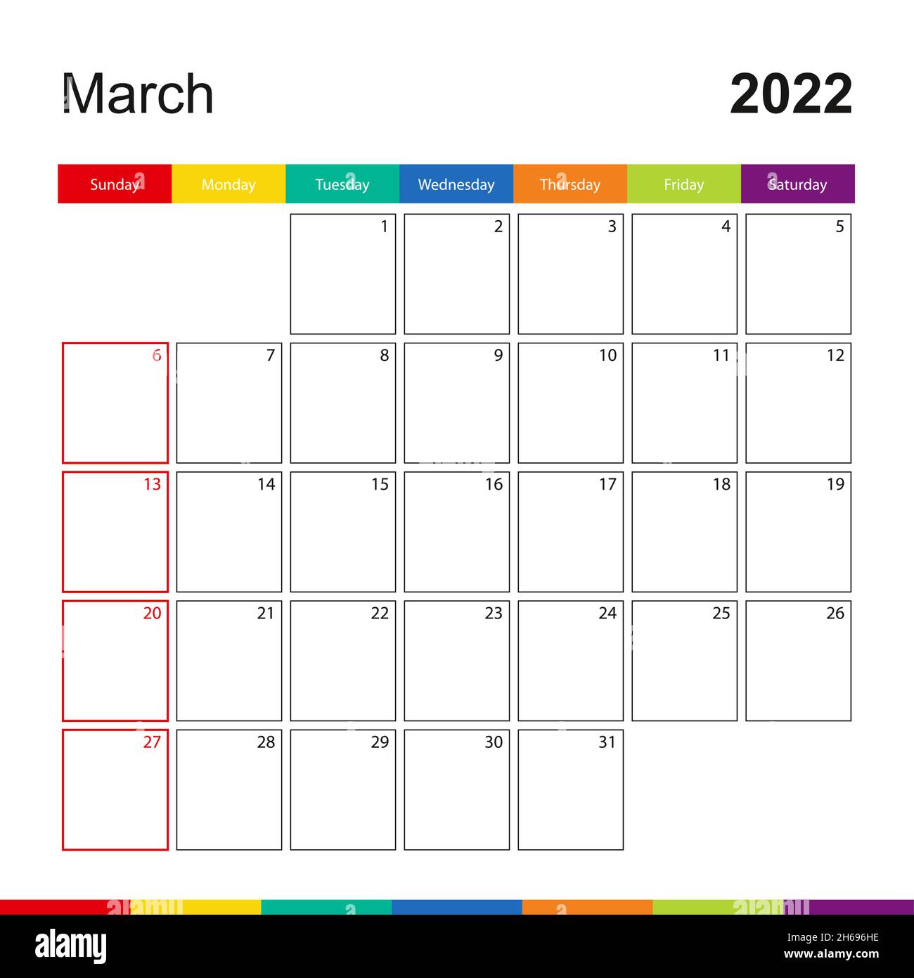 March 2022 colorful wall calendar, week starts on Sunday. 2022 Calendar  template Stock Vector Image & Art - Alamy