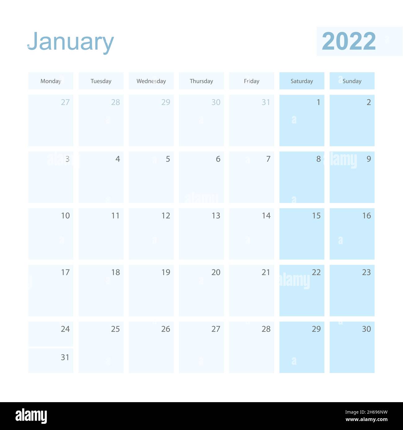 2022 January wall planner in blue pastel color, week starts on Monday. Calendar for January 2022 with blue square and with day of previous and next mo Stock Vector