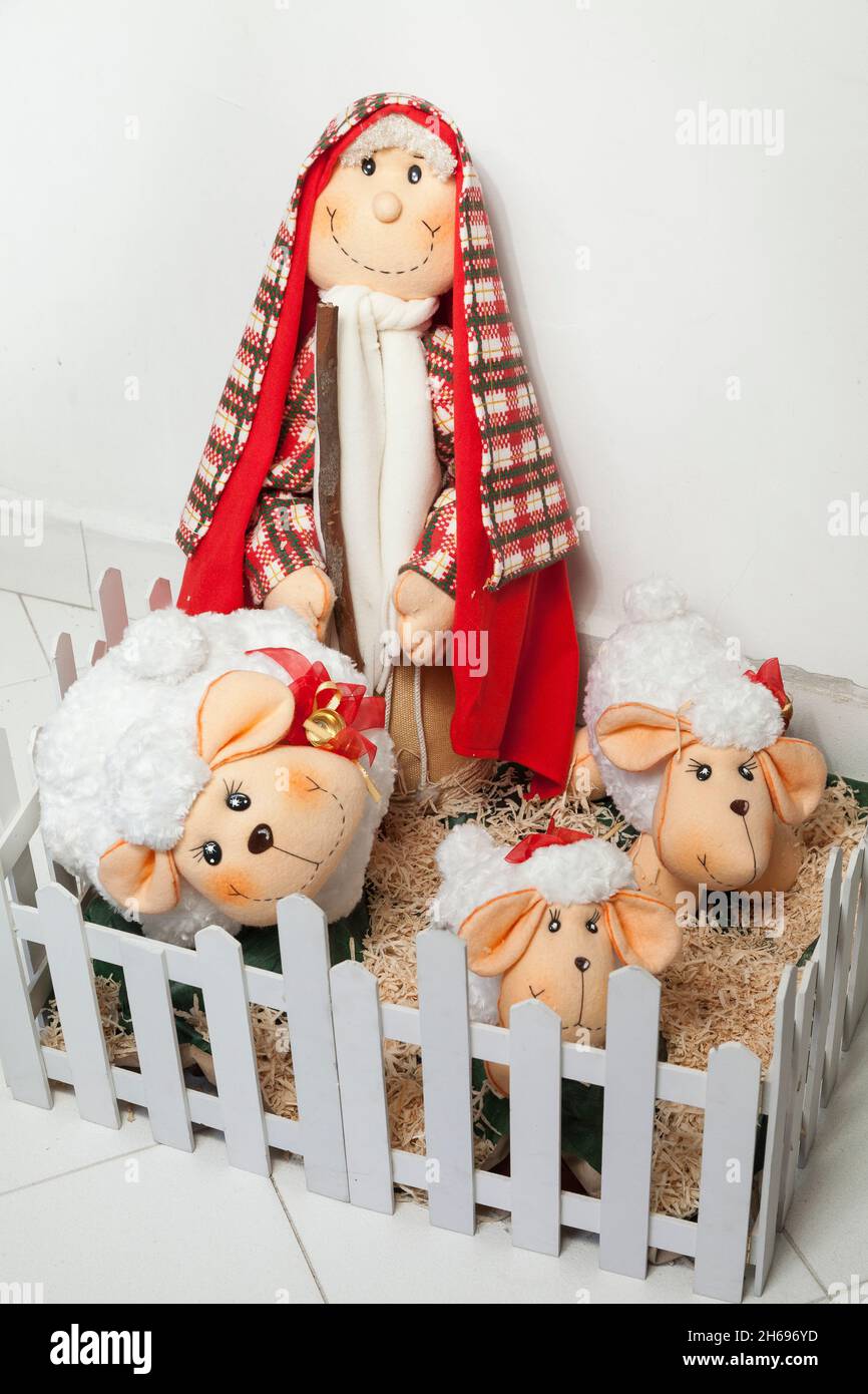 Christmas Decoration - Shepherd And Stuffed Sheep Inside The Corral Stock Photo