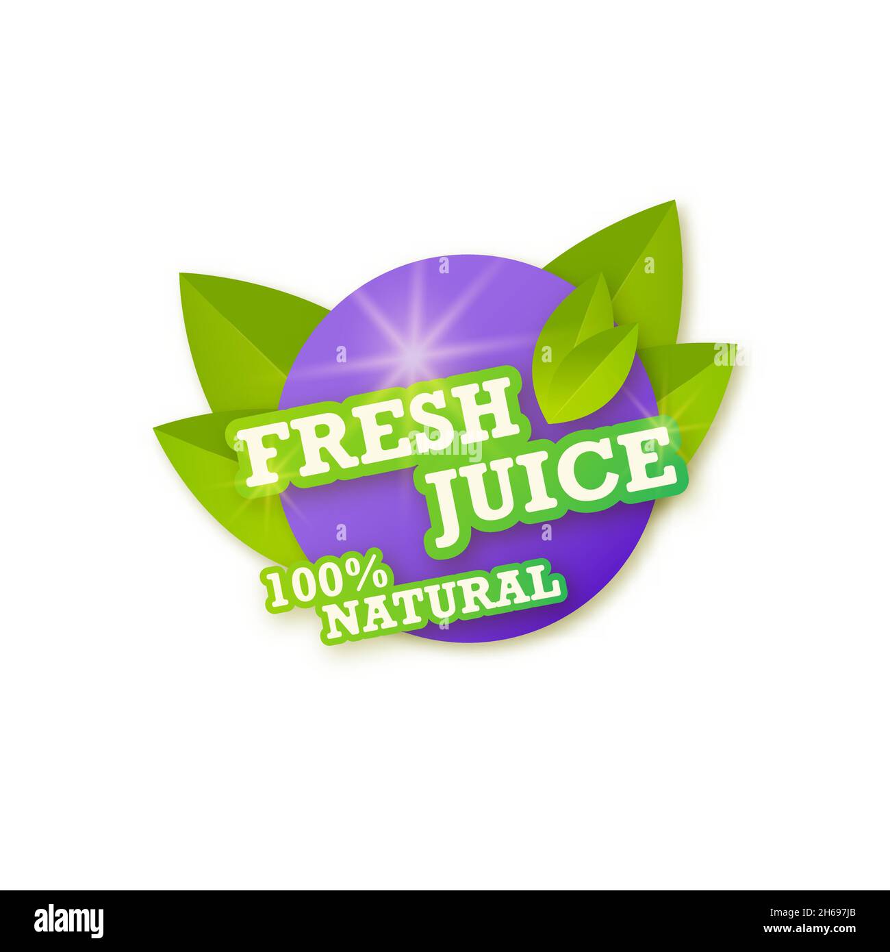 Juice fresh fruit label icon concept. Blueberry healthy juice sticker. Juicy drops and green leaves. Vector design. Isolated illustration. Stock Vector