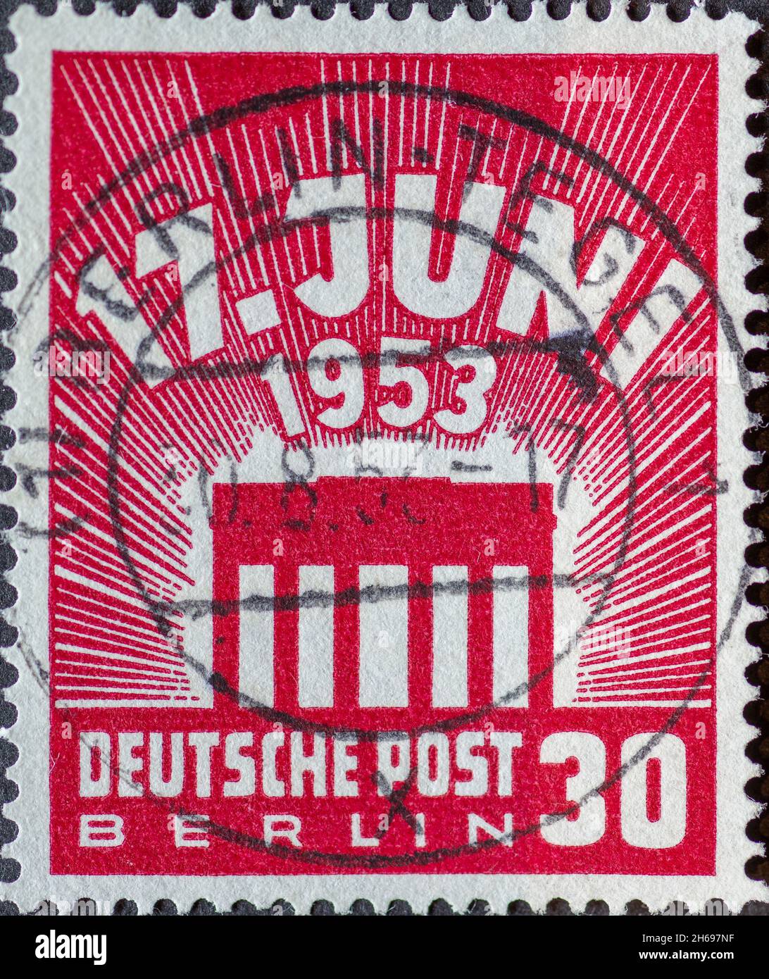 GERMANY, Berlin - CIRCA 1953: a postage stamp from Germany, Berlin showing Brandenburger Tor und Inschrift 17. Juni. Erinnerung an den Aufstand vom Ju Stock Photo