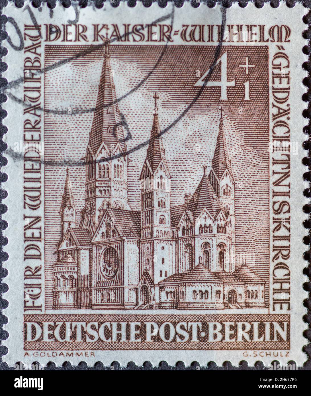 GERMANY, Berlin - CIRCA 1953: a postage stamp from Germany, Berlin showing the Kaiser Wilhelm Memorial Church the church on Breitscheidplatz before be Stock Photo