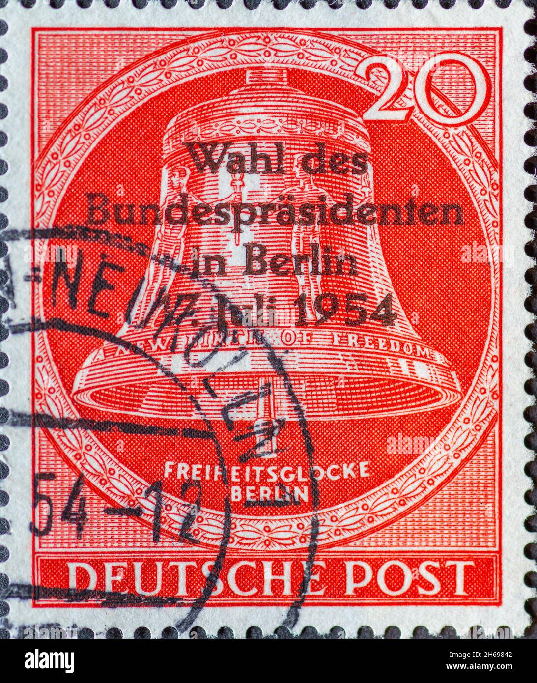 GERMANY, Berlin - CIRCA 1954: a postage stamp from Germany, Berlin showing the liberty bell with the text: New Birth of freedom. Clapper in the middle Stock Photo