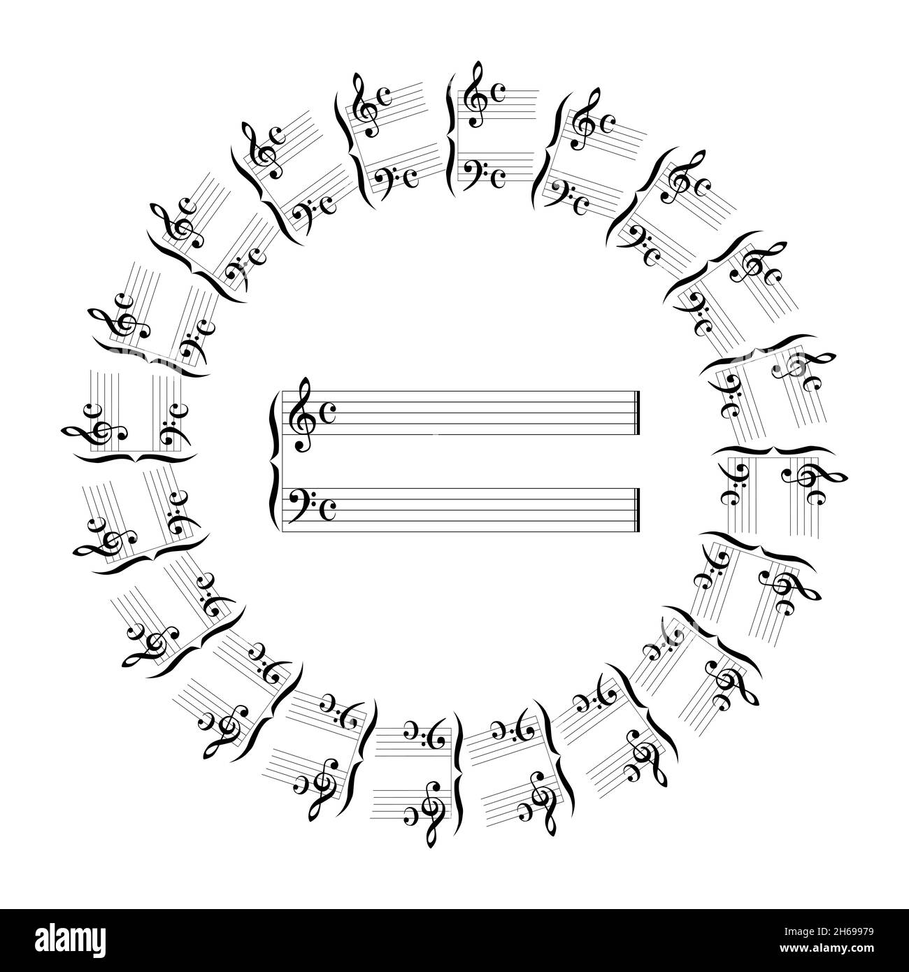 A musical mandala style background of staves over a white background Stock Photo