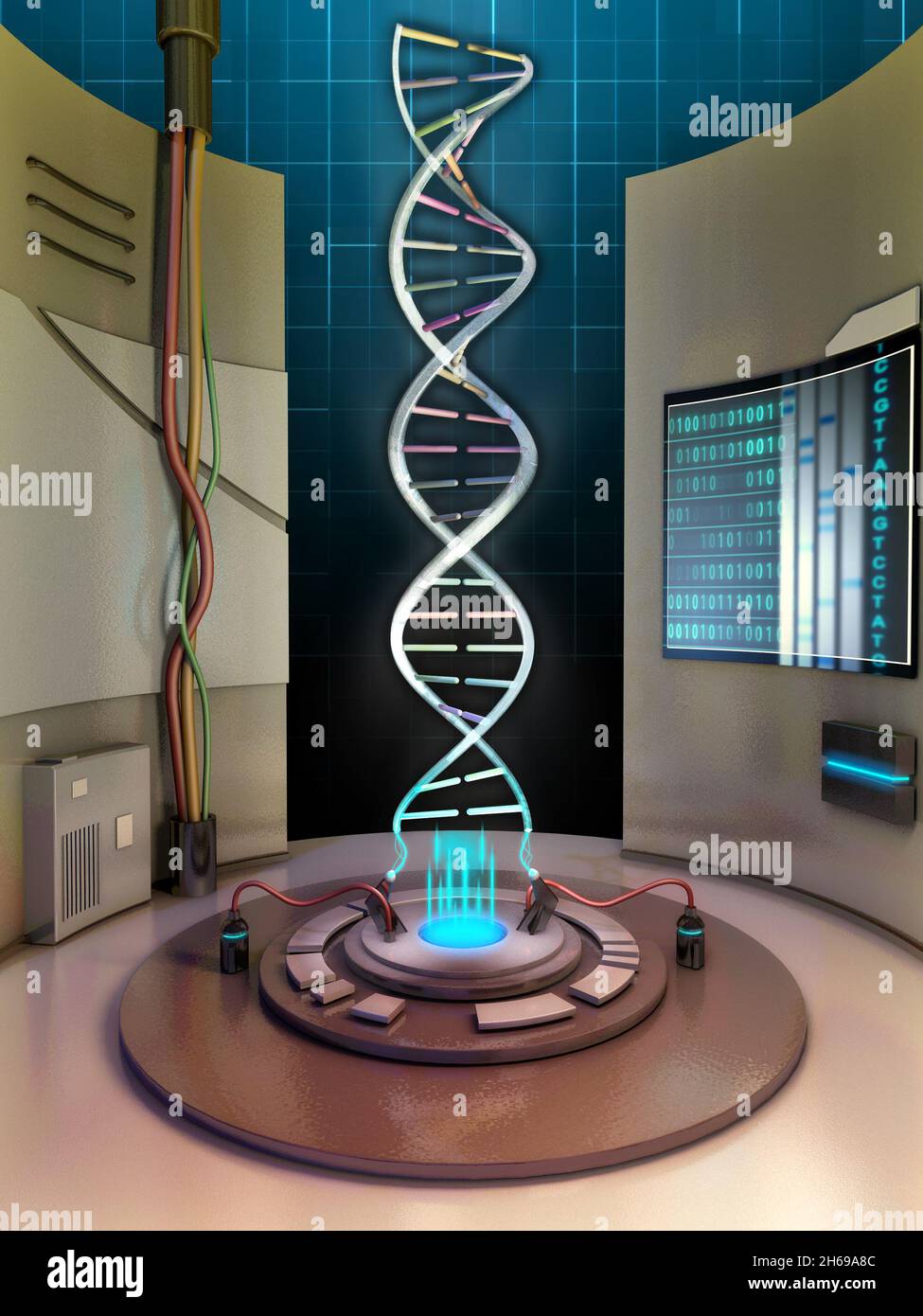 Creating a dna helix in an high technology chamber. Digital illustration. Stock Photo