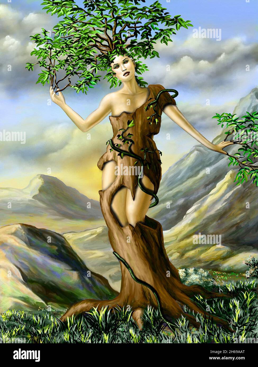 Fantasy portrait of an half girl, half tree creature. Digital illustration. Stock Photo