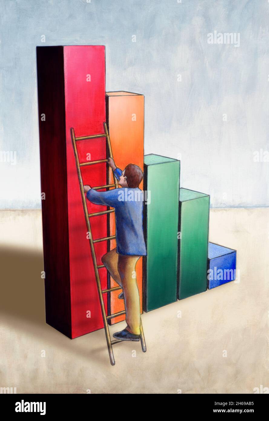 Businessman using a ladder to climb on the highest bar of a chart. My original hand painted illustration. Stock Photo