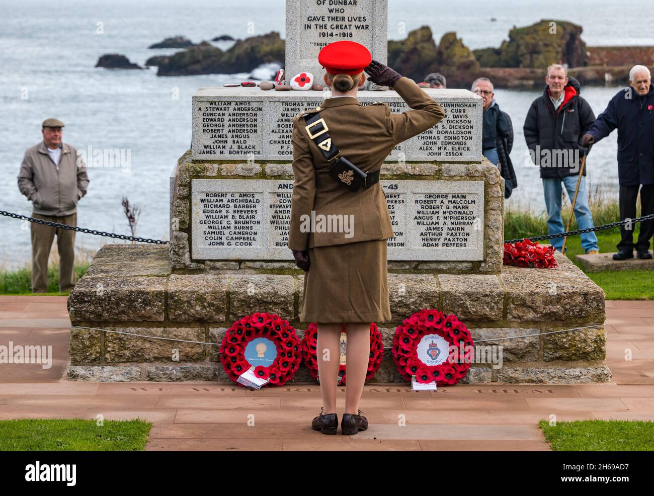 Dunbar, East Lothian, Scotland, United Kingdom, 14th November 2021. Remembrance Day: a commemorative service at the war memorial and wreath laying ceremony. Pictured: a poppy wreath laid on behalf of the Lothian and Border Yeomanry Stock Photo