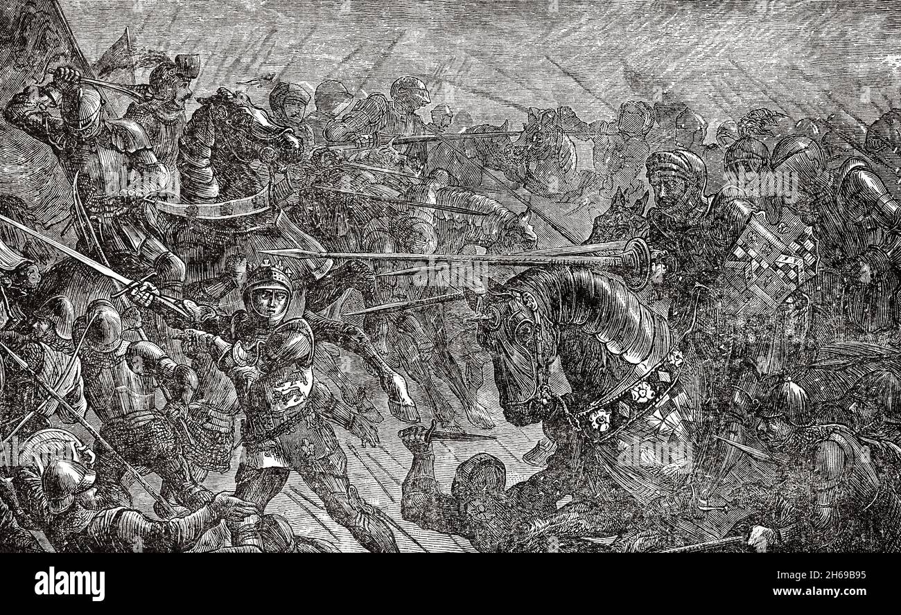 A late 19th Century illustration of the Battle of Roncevaux Pass in 778 in which a large force of Basques ambushed part of Charlemagne's army in Roncevaux Pass, a high mountain pass in the Pyrenees between France and Spain, after the Frankish invasion of the Iberian Peninsula. The Basque attack was a retaliation for Charlemagne's destruction of the city walls of their capital, Pamplona. As the Franks retreated across the Pyrenees back to Francia, the rearguard of Frankish lords was cut off and was wiped out. Stock Photo