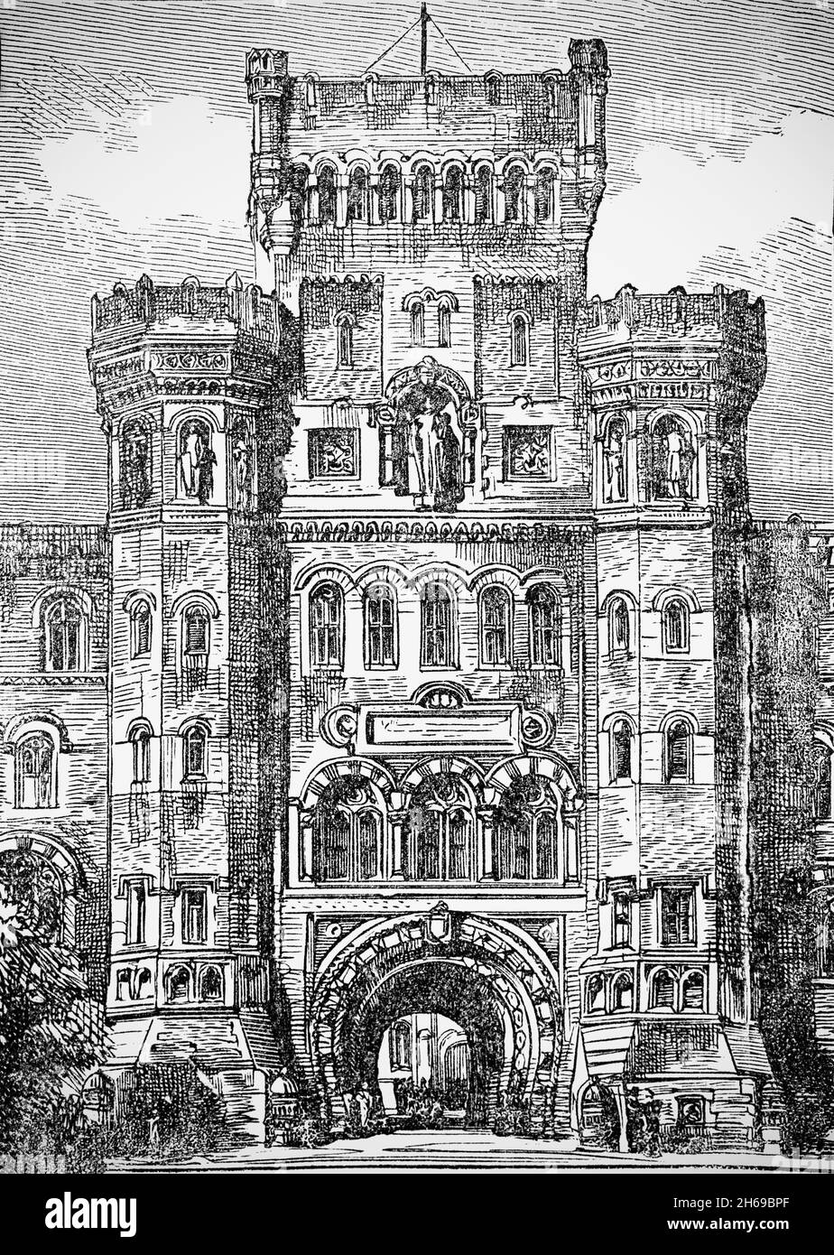 A late 19th Century illustration of the entrance gate to the Arsenal, built in the wake of the 1848/49 revolution, it was the largest building project of the young Kaiser Franz Joseph. The former military complex of buildings in the south-east of Vienna (now the Museum of Military History) consisting of several brick buildings in a rectangle layout make up the most distinguished building group of Romantic historicism in Vienna and has been constructed in Italian-medieval and Byzantine-Islamic style. Stock Photo