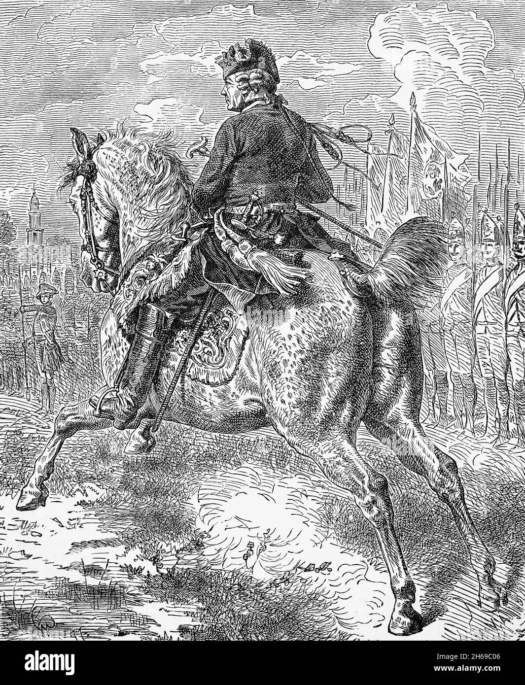A late 19th Century illustration of Frederick the Great, AKA Frederick II (1712-1786), Prussian king from 1740 until his death in 1772, riding among his troops. His most significant accomplishments include his military successes in the Silesian wars, his re-organisation of the Prussian Army, the First Partition of Poland, and his patronage of the arts and the Enlightenment. He declared himself King of Prussia after annexing Polish Prussia from the Polish–Lithuanian Commonwealth in 1772. Prussia greatly increased its territories and became a major military power in Europe under his rule. Stock Photo