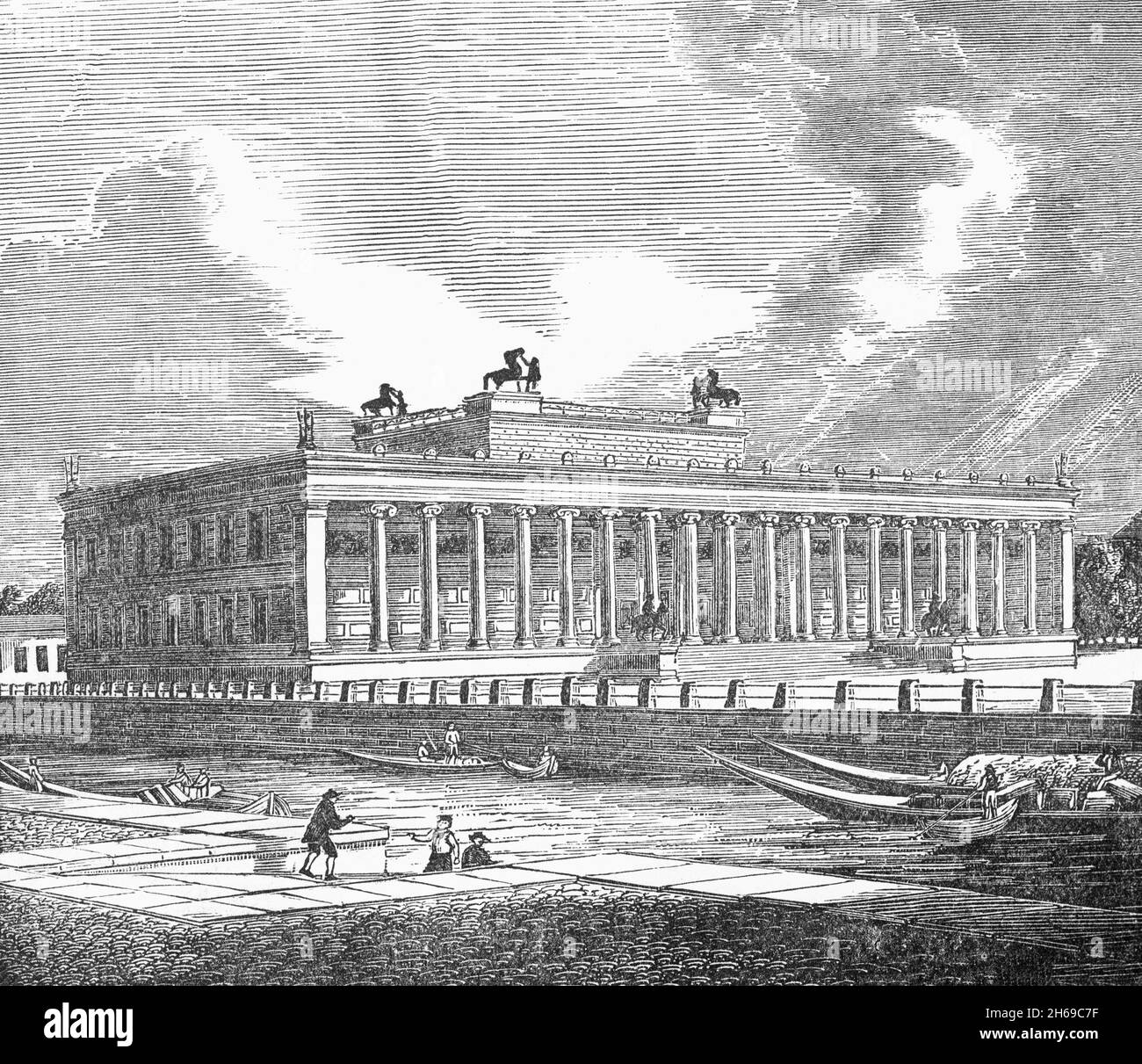 A late 19th Century illustration of the Altes Museum, a listed building on the Museum Island in the historic centre of Berlin and part of the UNESCO World Heritage. Built from 1825 to 1830  to plans by Karl Friedrich Schinkel, it is considered as a major work of German Neoclassical architecture. It was built by order of King Frederick William III of Prussia after the defeat of Napolean in 1815, when many of Germany's treasures were recovered from France. Stock Photo