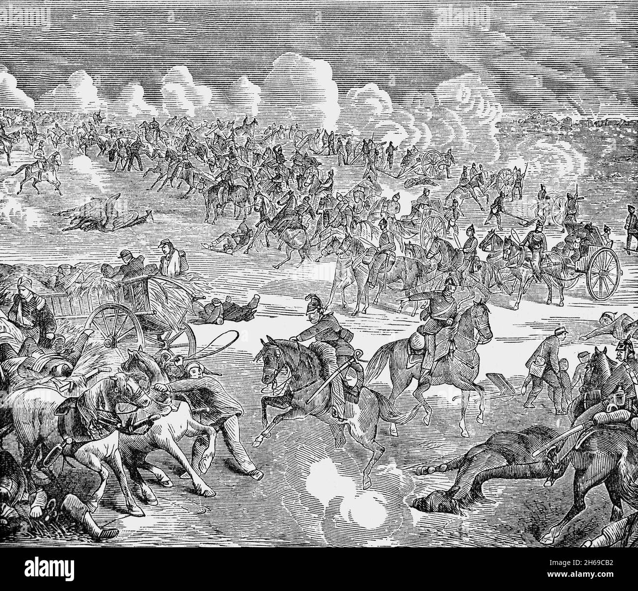 A late 19th Century illustration of the Battle of Königgrätz (aka Sadowa), a decisive battle of the Austro-Prussian War in which the Kingdom of Prussia defeated the Austrian Empire. It took place on 3 July 1866, near the Bohemian towns of Königgrätz, (now Hradec Králové, Czech Republic) and Sadowa (now Sadová, Czech Republic). The outnumbered Prussian infantry used their superior training and tactical doctrine and the Dreyse needle gun to win the battle and the entire war at Königgrätz on their own. Stock Photo