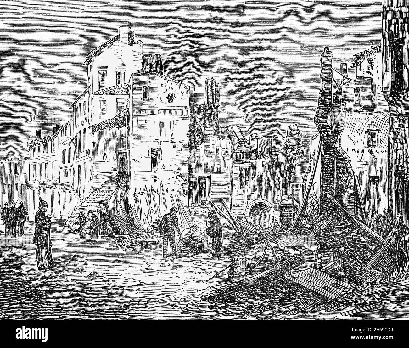 A late 19th Century illustration of the ruins of Thionville in the northeastern French department of Moselle on the left bank of the river Moselle. After the Franco-Prussian War of 1870, the area of Alsace-Lorraine was annexed by the newly created German Empire in 1871 by the Treaty of Frankfurt and became a Reichsland. Stock Photo