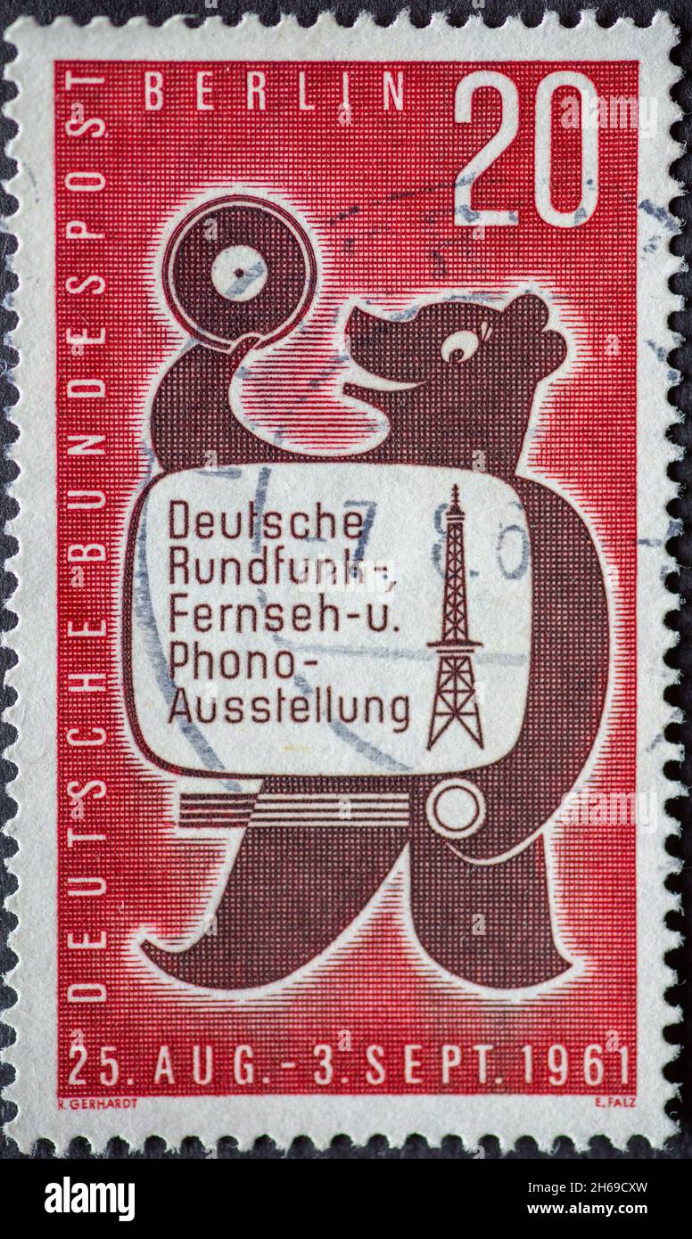 GERMANY, Berlin - CIRCA 1961: a postage stamp from Germany, Berlin showing the Berliner Bär with vinyl and television. Radio exhibition Berlin Stock Photo