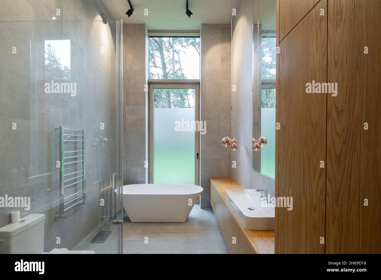 Image showcasing Modern interior of bathroom in luxury private house. White sink and ...