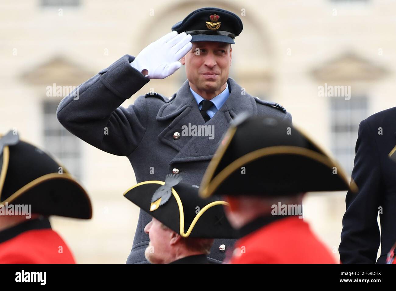 The Duke of Cambridge salutes veterans on Horse Guards Parade during the Remembrance Sunday service at the Cenotaph, in Whitehall, London. Picture date: Sunday November 14, 2021. Stock Photo