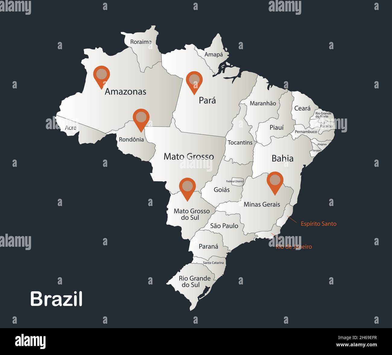 Brazil map, Infographics flat design colors snow white, with names of individual regions vector Stock Vector