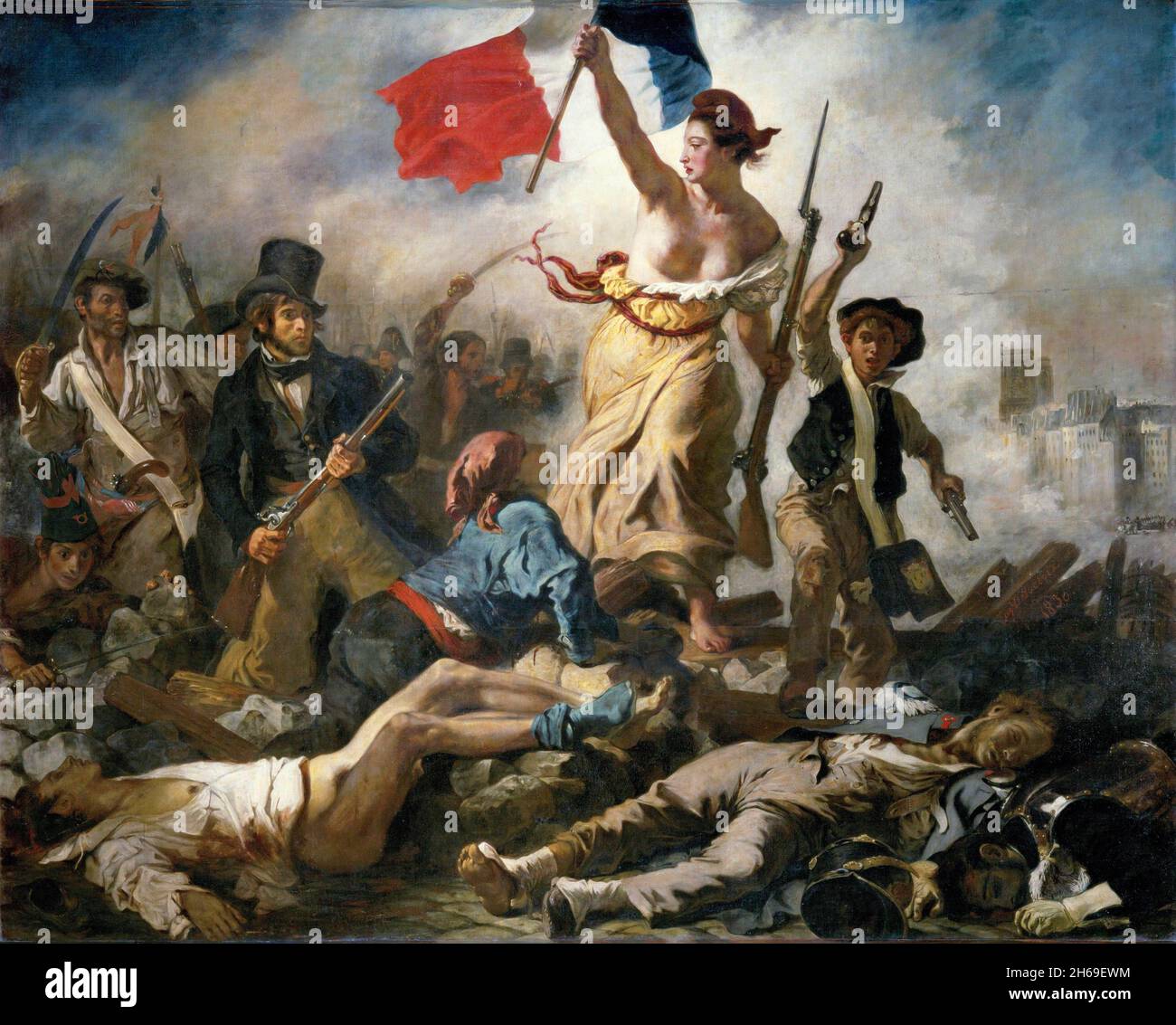 Liberty Leading the People (French: La Liberté guidant le peuple, painting by Eugène Delacroix commemorating the July Revolution of 1830, which toppled King Charles X of France. A woman of the people with a Phrygian cap personifying the concept of Liberty leads a varied group of people forward over a barricade and the bodies of the fallen, holding the flag of the French Revolution – the tricolour, which again became France's national flag after these events – in one hand and brandishing a bayonetted musket with the other. The figure of Liberty is also viewed as a symbol of France and the Frenc Stock Photo