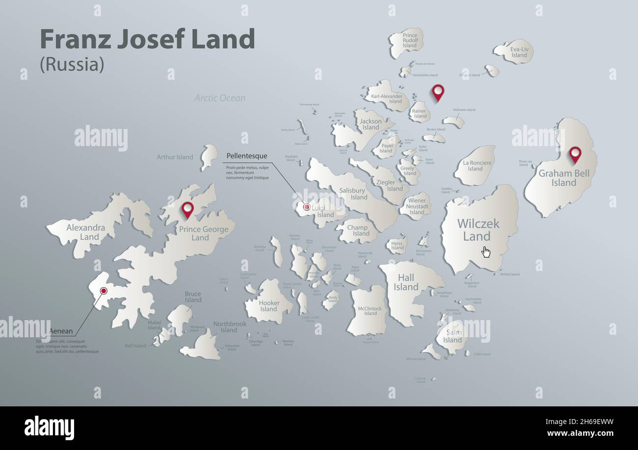 Franz Josef Land map, administrative division with names, blue white
