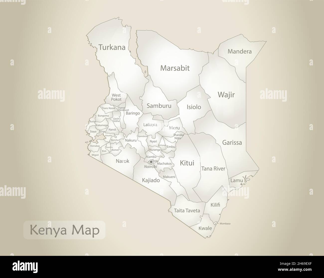 Kenya map, administrative division with names, old paper background vector Stock Vector