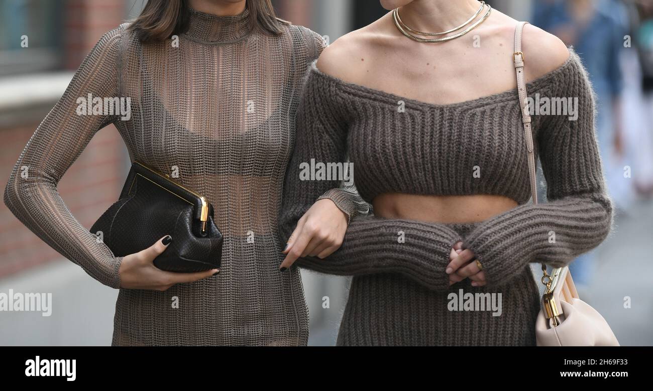 Milan, Italy - September 22, 2021:  Street style outfit, fashionable woman wearing a Fendi outfit on the streets of Milan, Italy. Stock Photo