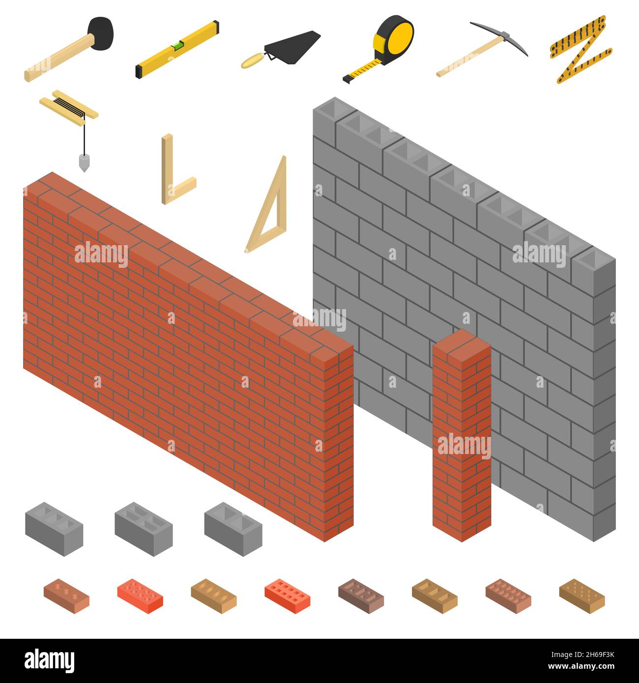 Brick and cinder block wall with mason tool. 3d isometric style, vector