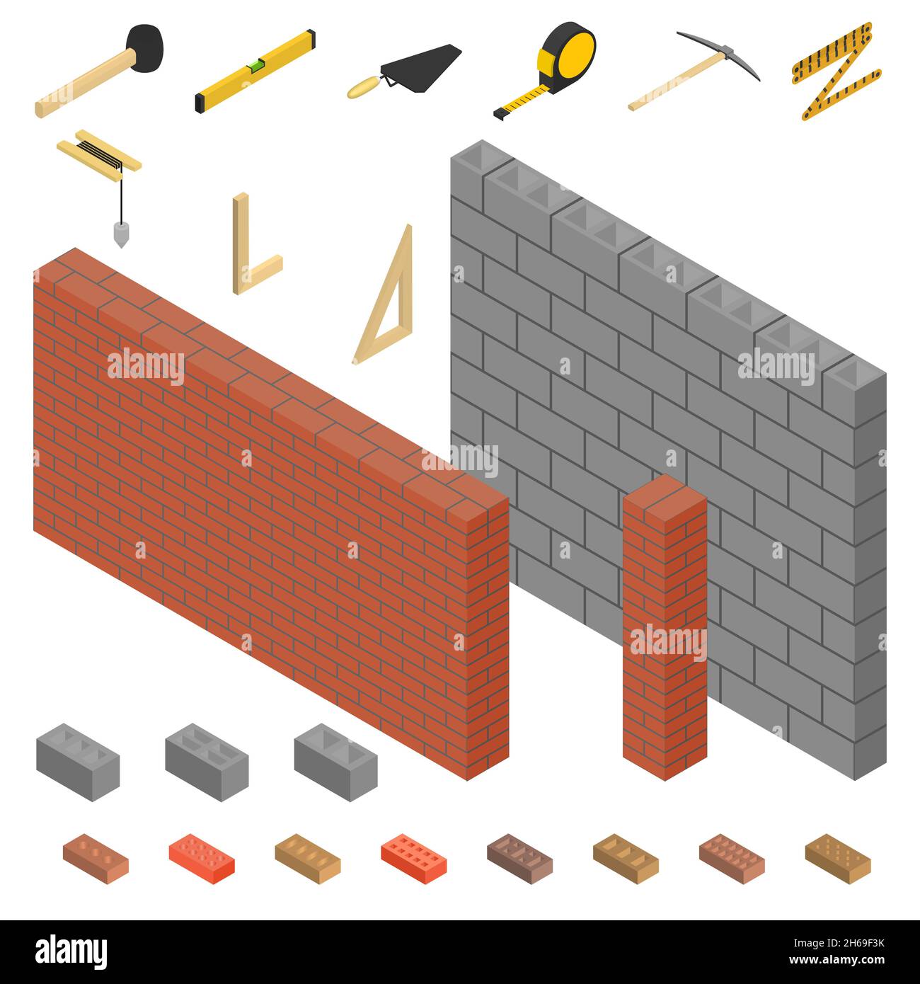 Brick and cinder block wall with mason tool. 3d isometric style, vector illustration. Stock Vector