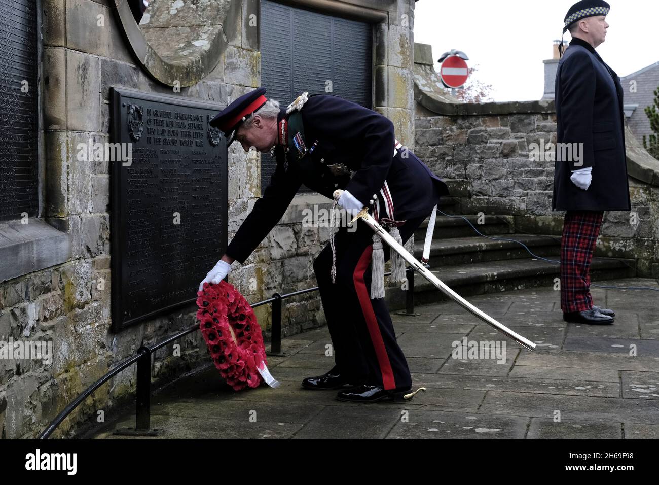 Selkirk, UK. 14th Nov, 2021. Selkirk, UK, Thursday 11 November 2021 . The Lord-Lieutenant for the areas of Roxburgh, Ettrick and Lauderdale, Richard Walter John Montagu Douglas Scott, 10th Duke of Buccleuch and 12th Duke of Queensberry, KT, KBE, CVO, DL, FSA, FRSE, FRSGS lays a wreath on behalf of Her Majesty The Queen at the War Memorial in the Royal Burgh of Selkirk. ( Credit: Rob Gray/Alamy Live News Stock Photo