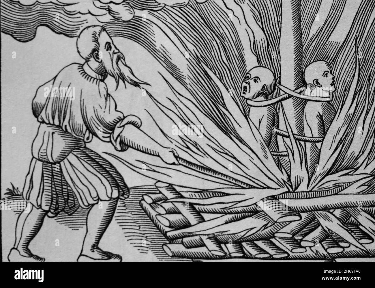 Capital punishment. Death by burning at the stake. Copy of engraving in Cosmographie Universelle, of Muster, 1552. Stock Photo
