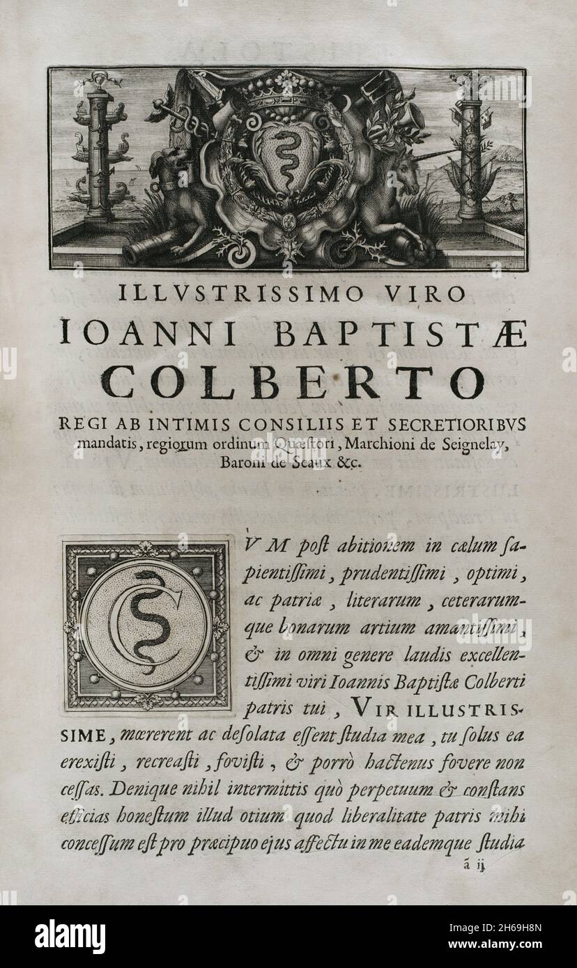 Illustrisimo Viro Ioanni Baptistae Colberto,  marquis de Seignelay (1651-1690). 'Marca Hispanica sive limes hispanicus'. Book written in Latin by Pierre de Marca (1594-1662). In 1656 he was commissioned to formalise the border treaty between the kingdoms of France and Spain, a task that was reflected in this collection of five books, making the French people aware of the annexed province of Catalonia in 1641. Etienne Baluze enlarged and edited it. Published in Paris by François Muguet in 1688. Historical Military Library of Barcelona. Catalonia, Spain. Stock Photo