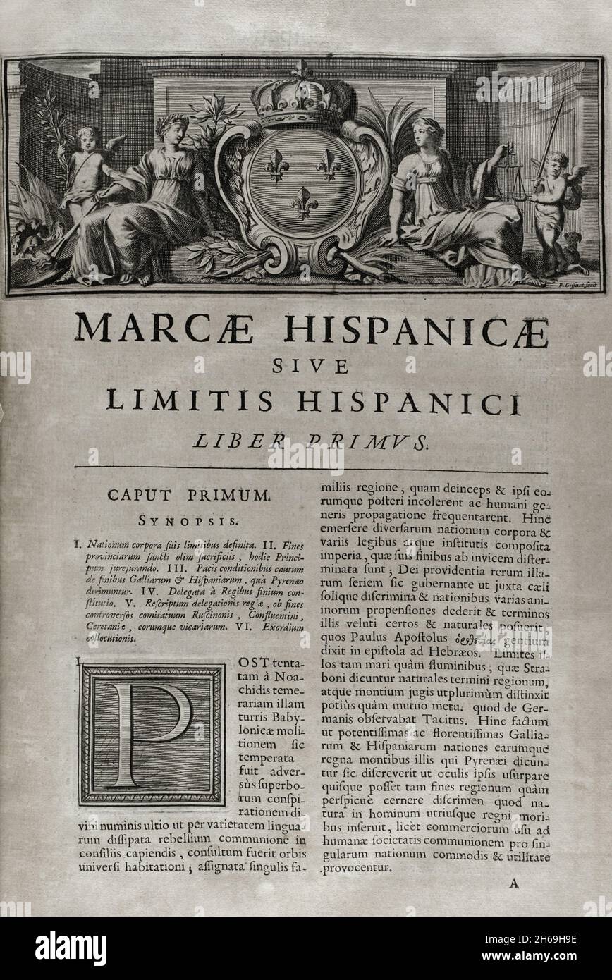 Marca Hispanica sive limitis hispanici. First Book. 'Marca Hispanica sive limes hispanicus'. Book written in Latin by Pierre de Marca (1594-1662). In 1656 he was commissioned to formalise the border treaty between the kingdoms of France and Spain, a task that was reflected in this collection of five books, making the French people aware of the annexed province of Catalonia in 1641. Etienne Baluze enlarged and edited it. Published in Paris by François Muguet in 1688. Historical Military Library of Barcelona. Catalonia, Spain. Stock Photo