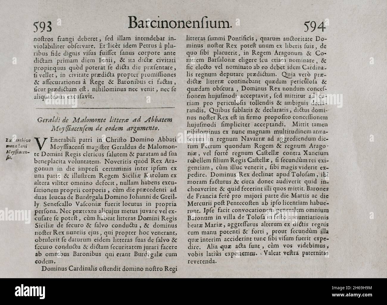 Barcinonensium. 'Marca Hispanica sive limes hispanicus'. Book written in Latin by Pierre de Marca (1594-1662). In 1656 he was commissioned to formalise the border treaty between the kingdoms of France and Spain, a task that was reflected in this collection of five books, making the French people aware of the annexed province of Catalonia in 1641. Etienne Baluze enlarged and edited it. Published in Paris by François Muguet in 1688. Historical Military Library of Barcelona. Catalonia, Spain. Stock Photo