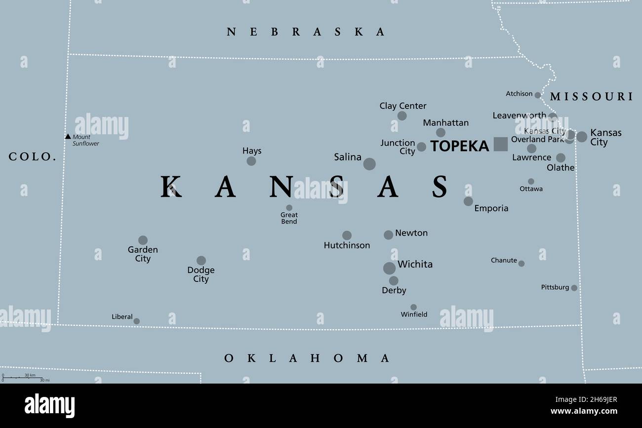 Kansas, KS, gray political map, with the capital Topeka and largest cities. State in the Midwestern United States of America, The Sunflower State. Stock Photo