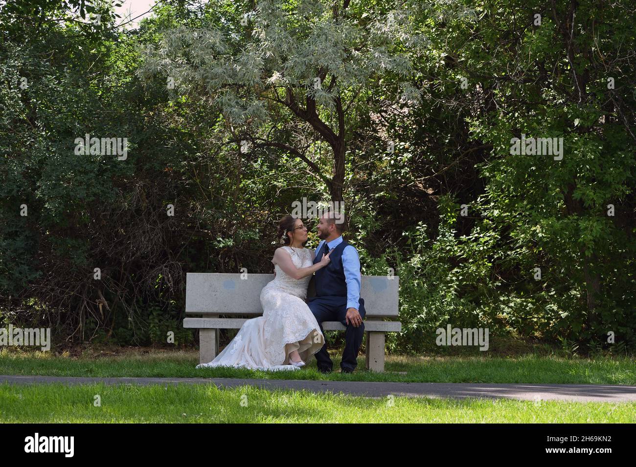Weddind day for a couple at Gibson Park in Great Falls, Montana. (Photo by Randy Beacham) Stock Photo