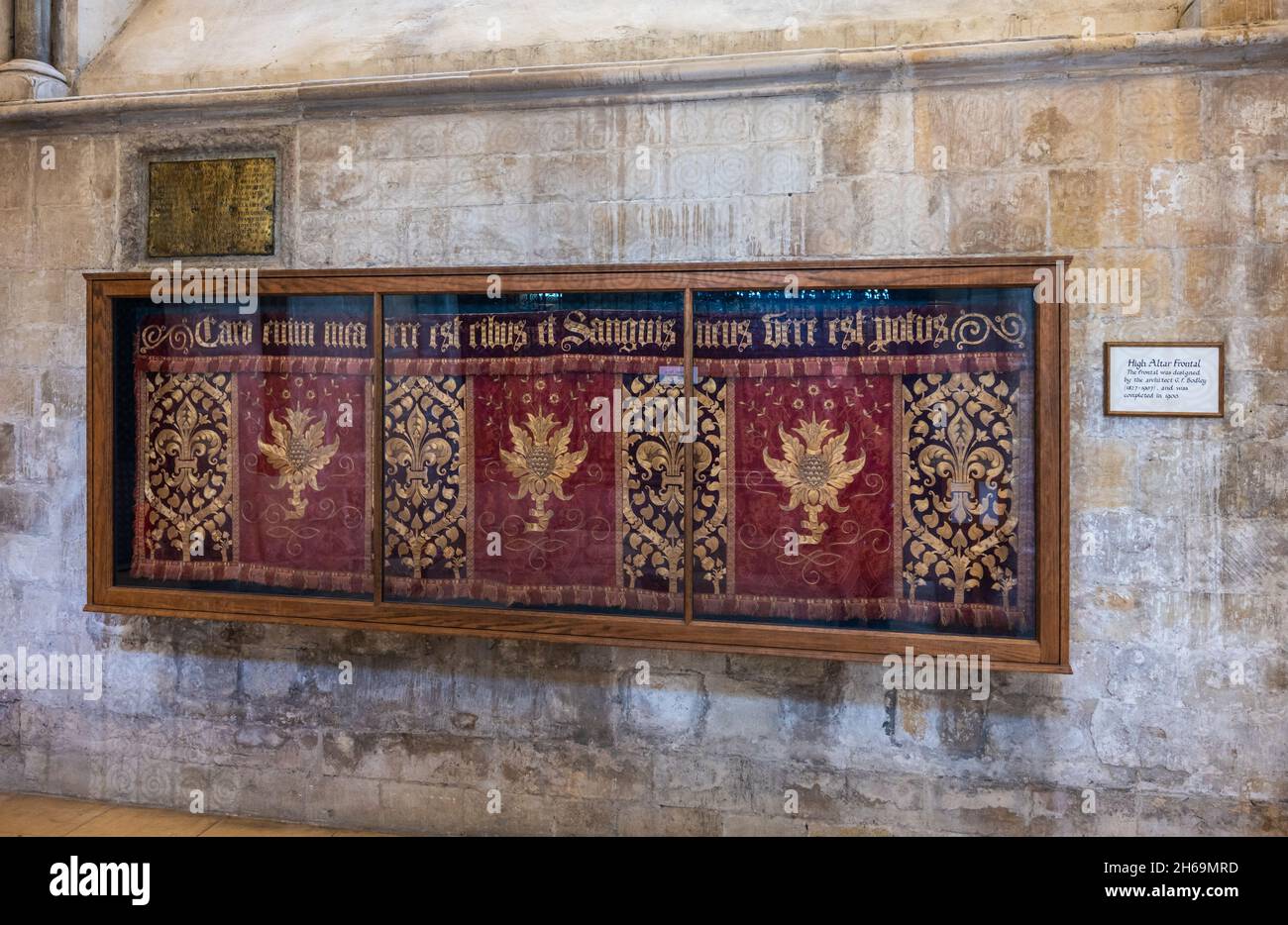 High Altar Frontal, 1900, by G.F. Bodley in Chichester Cathedral in Chichester, UK. With thanks to The Dean & Chapter of Chichester Cathedral. Stock Photo
