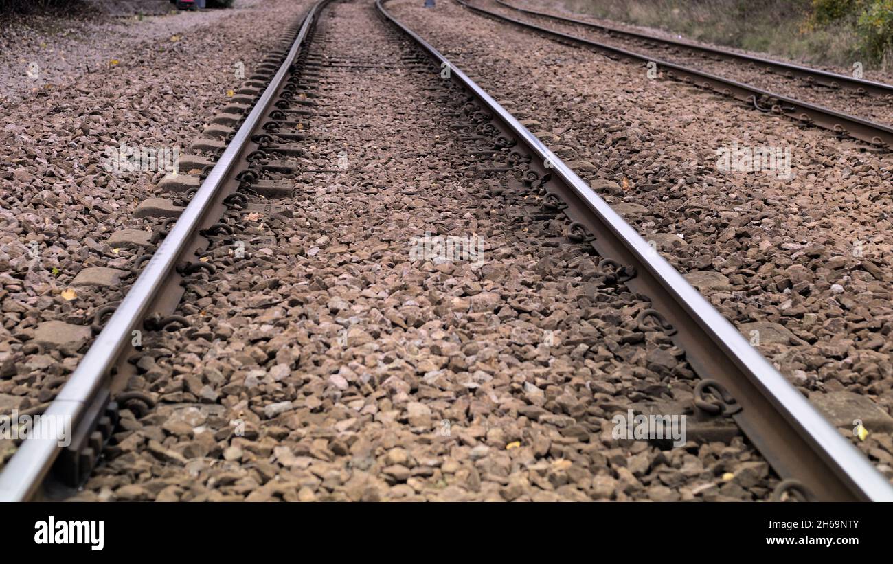 Tram lines on ballast and sleepers, Sheffield, South Yorkshire Stock Photo