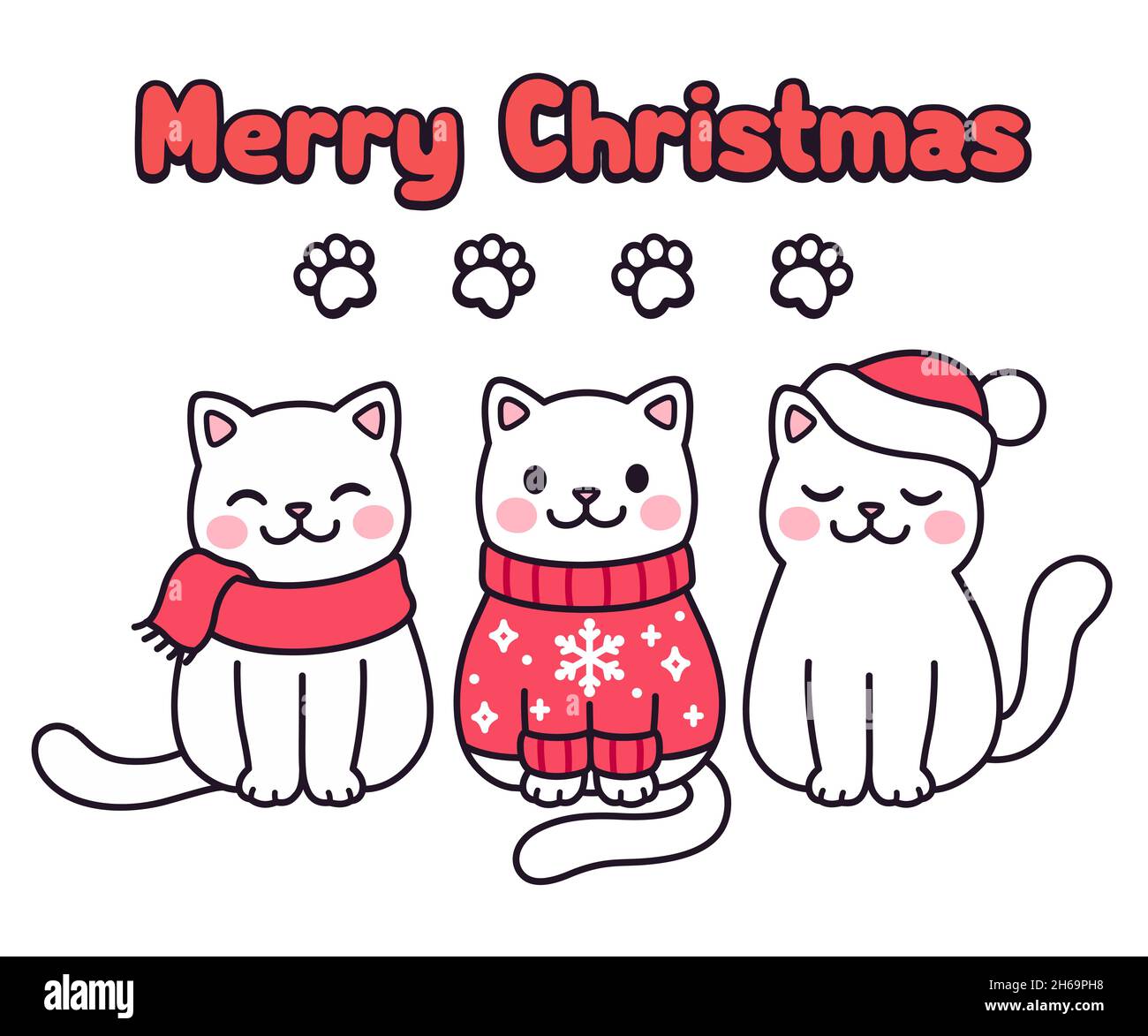 Cute cartoon cats in Christmas sweater, scarf and hat with text Merry Christmas. Kawaii greeting card. Vector clip art illustration. Stock Vector