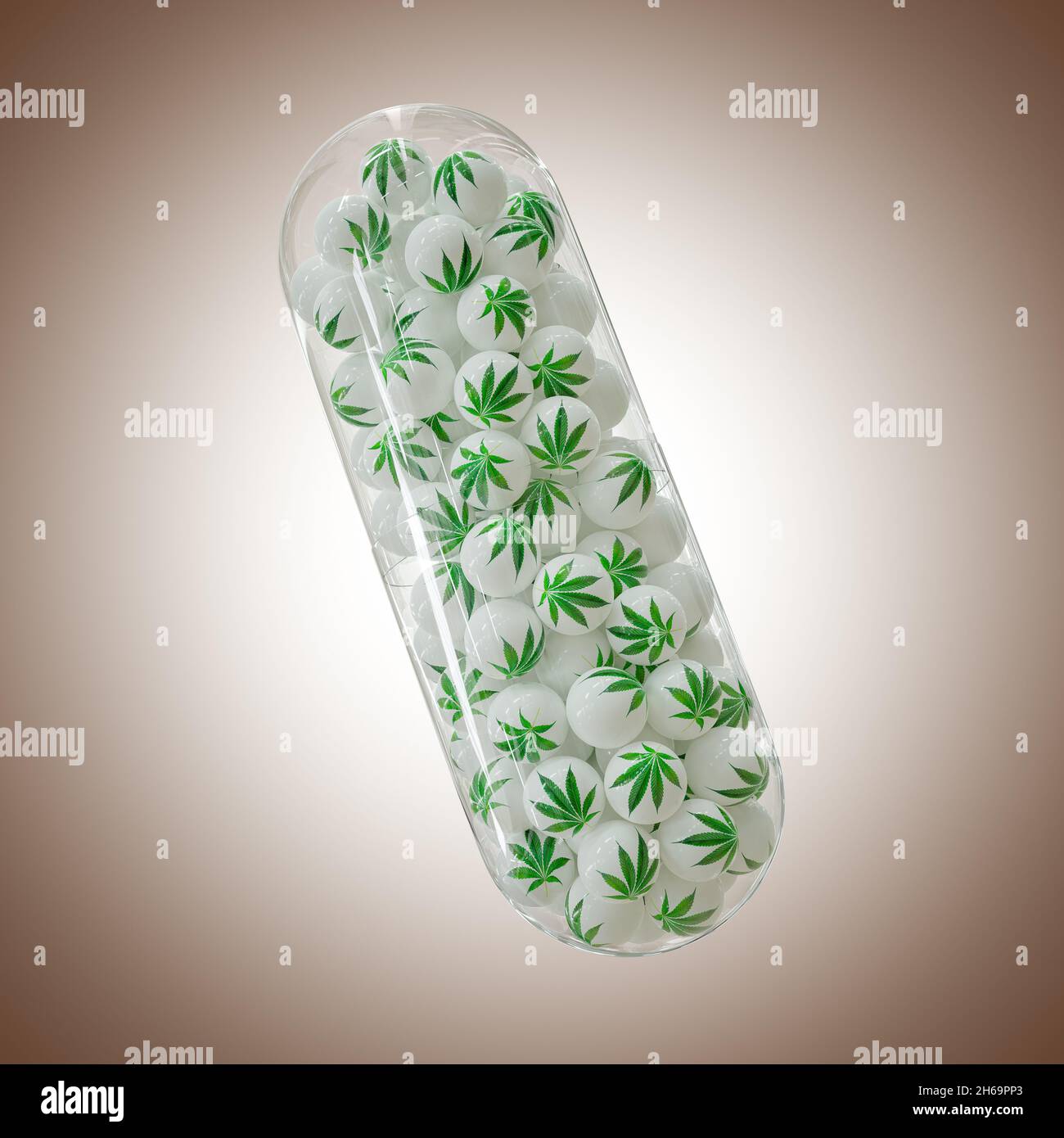 3d Rendering of white balls with cannabis leaf in capsule on gradient brown Background - Weed Pills Concept - 3D Illustration Stock Photo