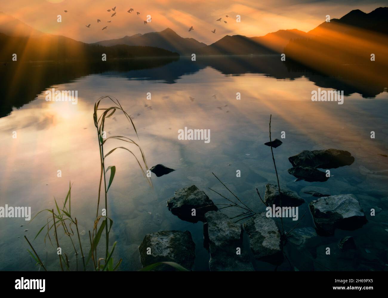 DE - BAVARIA: Sunset over lake Walchensee Stock Photo