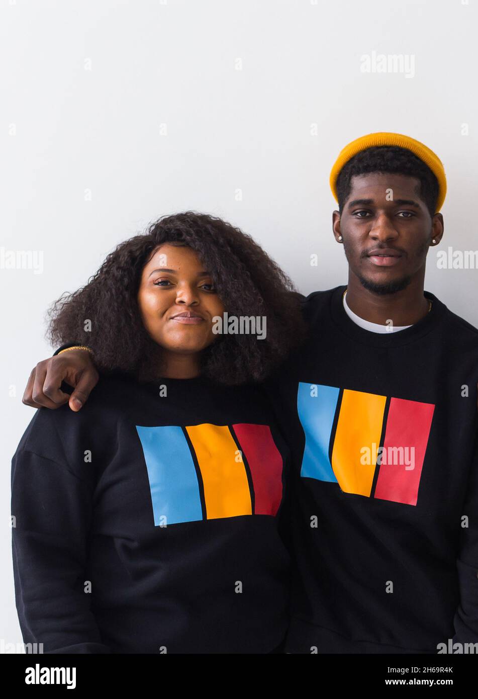 Happy African American woman and man have relationships, toothy smile ...