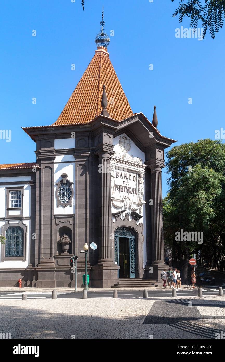 FUNCHAL, MADEIRA - AUGUST 20, 2019: This is the majestic building of the Bank of Portugal in the city center. Stock Photo