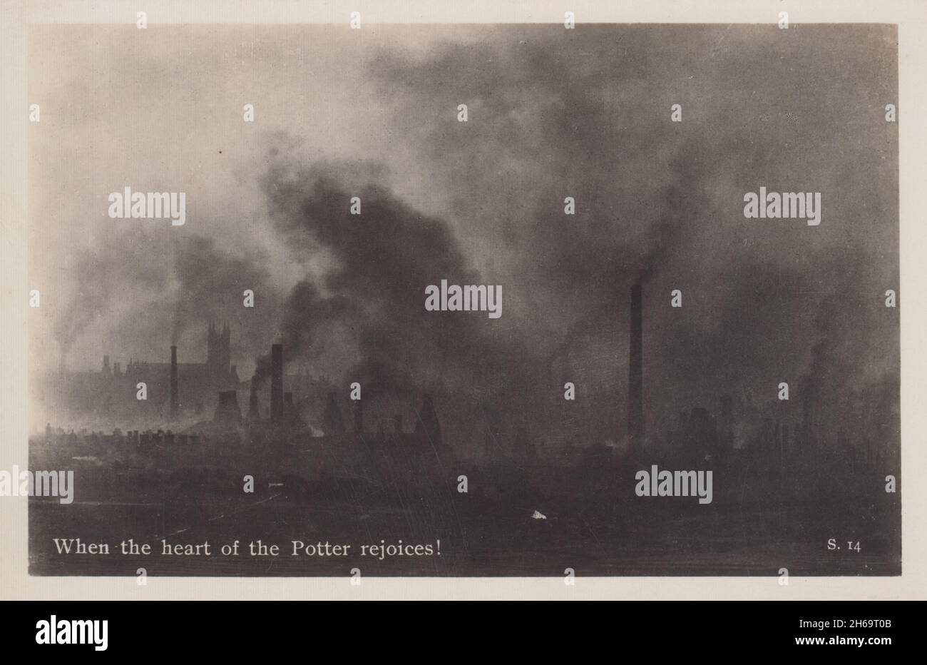 When the heart of the potter rejoices! Postcard showing smog / industrial pollution in the Staffordshire Potteries, early 20th century Stock Photo